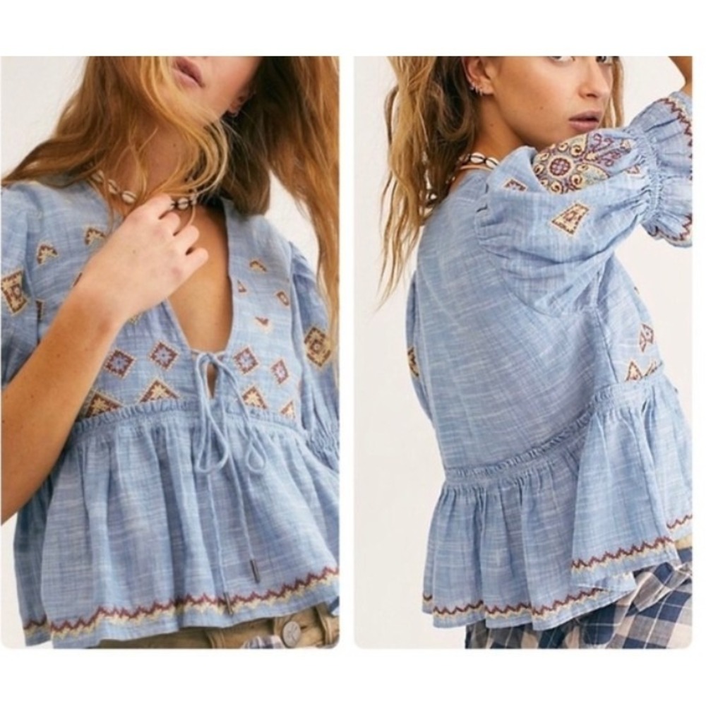 Free People Embroidered Peplum Blouse Blue Boho V-Neck Tie Top Small